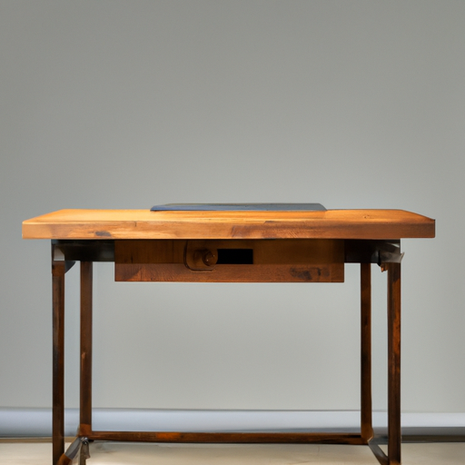 שולחן כתיבה מודרני בסגנון תעשייתי עם מסגרת מתכת אלגנטית ומשטח עץ.