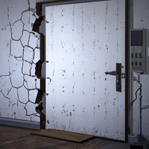 תמונה המציגה דלת אבטחה שנפגעה של חדר ממ"ד, המדגישה את הצורך בתיקון.