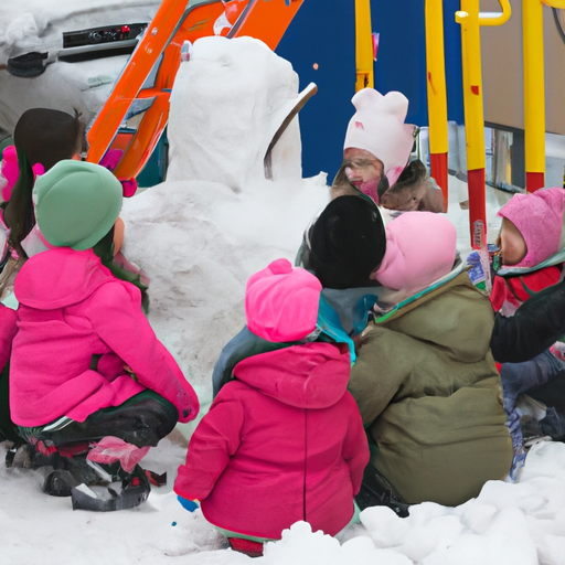 שלג יושב עם קבוצת ילדים במגרש משחקים